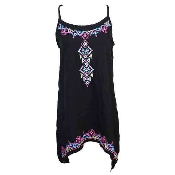 Vintage Dresses & Skirts - Vintage Y2K Black Mini Dress Asymmetric Hem Halter Southwest Geometric Shift XL